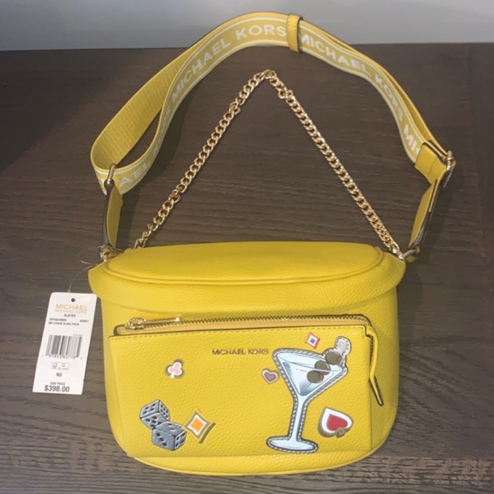 $398 NWT Michael Kors Slater MD Chain Sling Bag Vibrant Yellow Crossbody